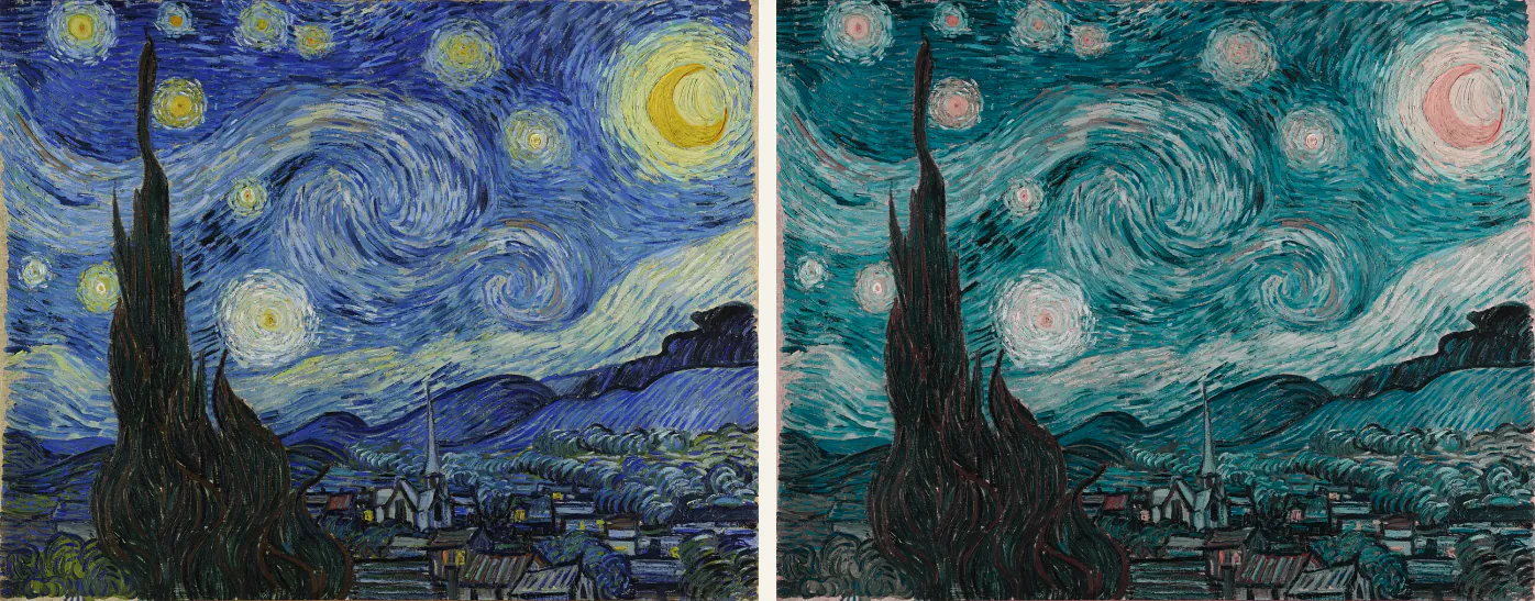 La Nuit étoilée de Van Gogh côte à côte : à gauche la toile telle qu'elle est, à droite la même toile en vision tritan simulée, où les bleus virent au vert canard et les jaunes au rose pâle